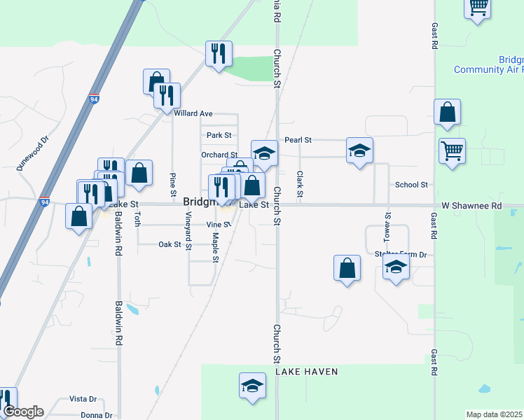 map of restaurants, bars, coffee shops, grocery stores, and more near 4110 Lake Street in Bridgman