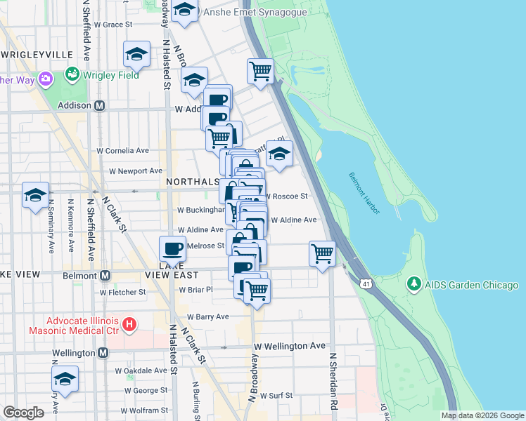 map of restaurants, bars, coffee shops, grocery stores, and more near 539 West Roscoe Street in Chicago