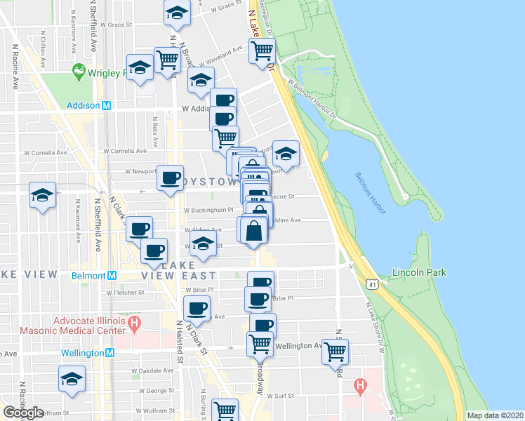 map of restaurants, bars, coffee shops, grocery stores, and more near 539 West Roscoe Street in Chicago