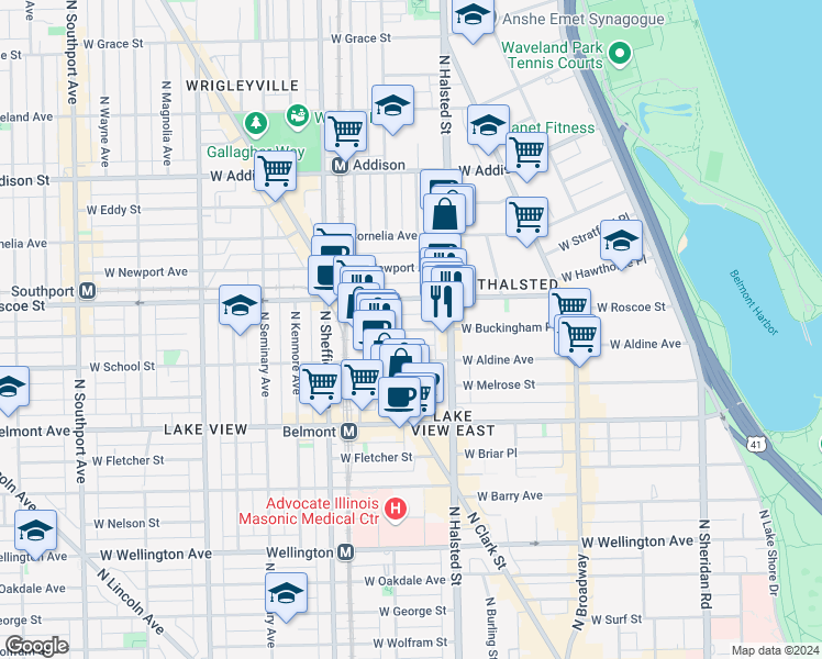 map of restaurants, bars, coffee shops, grocery stores, and more near 840 West Buckingham Place in Chicago