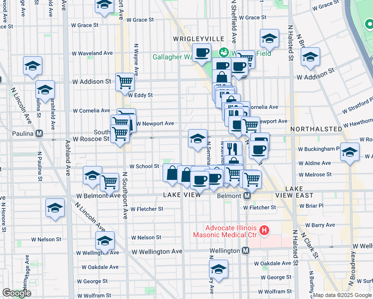map of restaurants, bars, coffee shops, grocery stores, and more near 3339 North Racine Avenue in Chicago