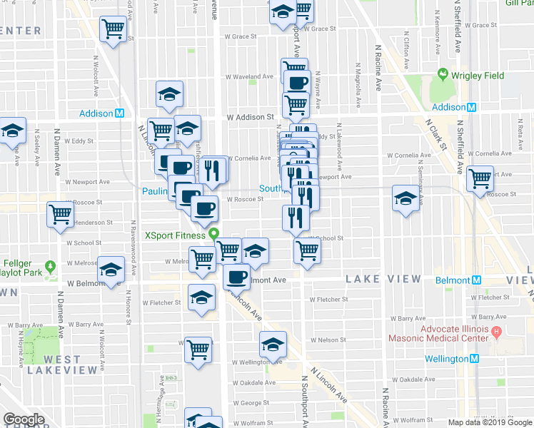 map of restaurants, bars, coffee shops, grocery stores, and more near 1455 West Roscoe Street in Chicago