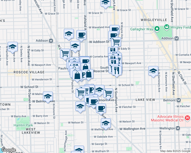map of restaurants, bars, coffee shops, grocery stores, and more near 1525 West Roscoe Street in Chicago