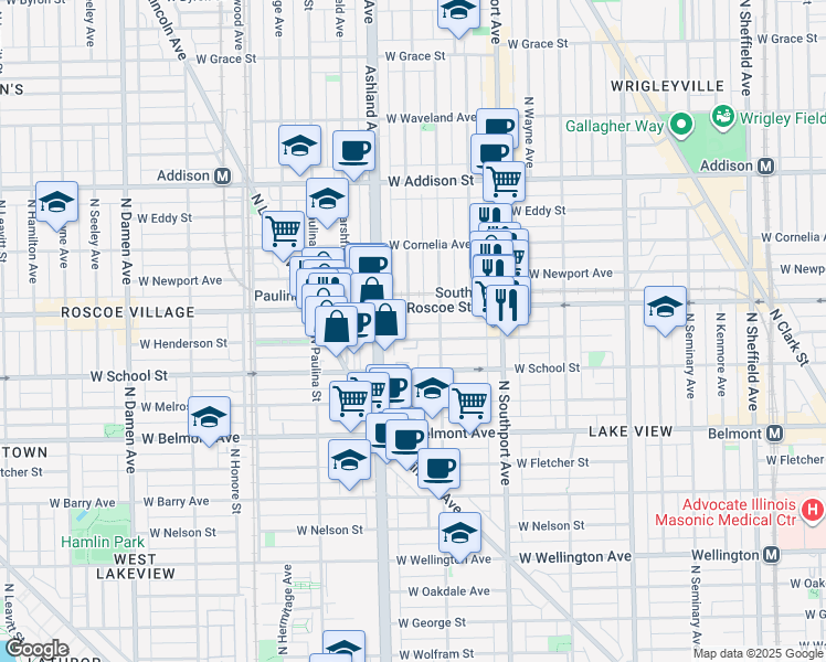 map of restaurants, bars, coffee shops, grocery stores, and more near 1525 West Roscoe Street in Chicago