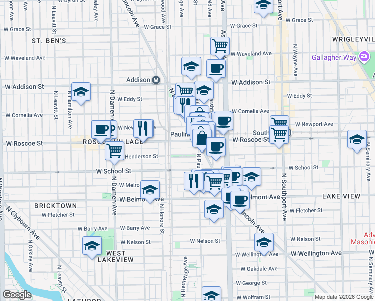 map of restaurants, bars, coffee shops, grocery stores, and more near 1721 West Roscoe Street in Chicago