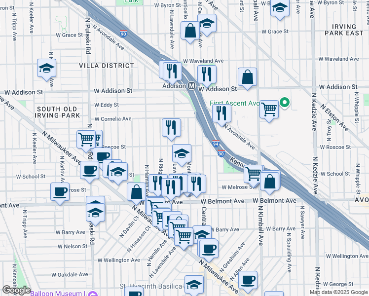 map of restaurants, bars, coffee shops, grocery stores, and more near 3405 North Monticello Avenue in Chicago