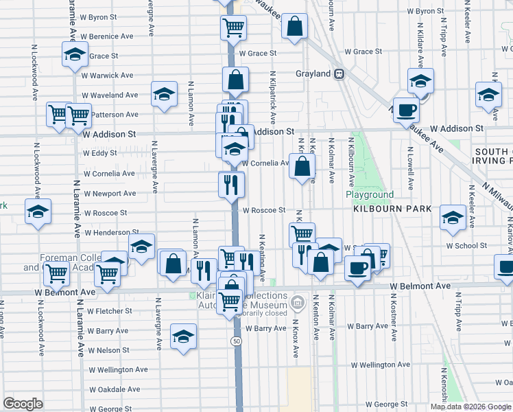 map of restaurants, bars, coffee shops, grocery stores, and more near 3414 North Keating Avenue in Chicago