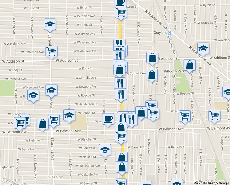 map of restaurants, bars, coffee shops, grocery stores, and more near 4839 West Newport Avenue in Chicago