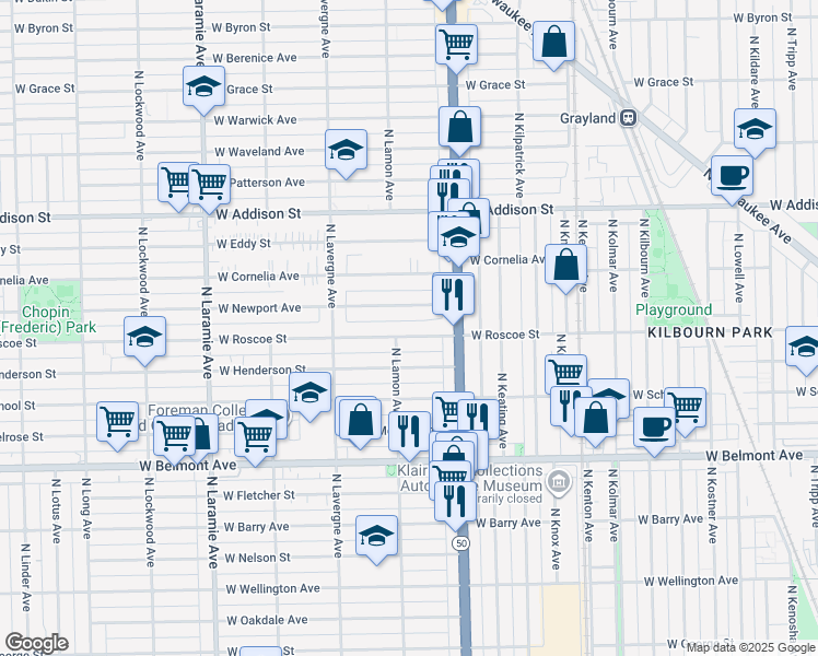 map of restaurants, bars, coffee shops, grocery stores, and more near 4839 West Newport Avenue in Chicago