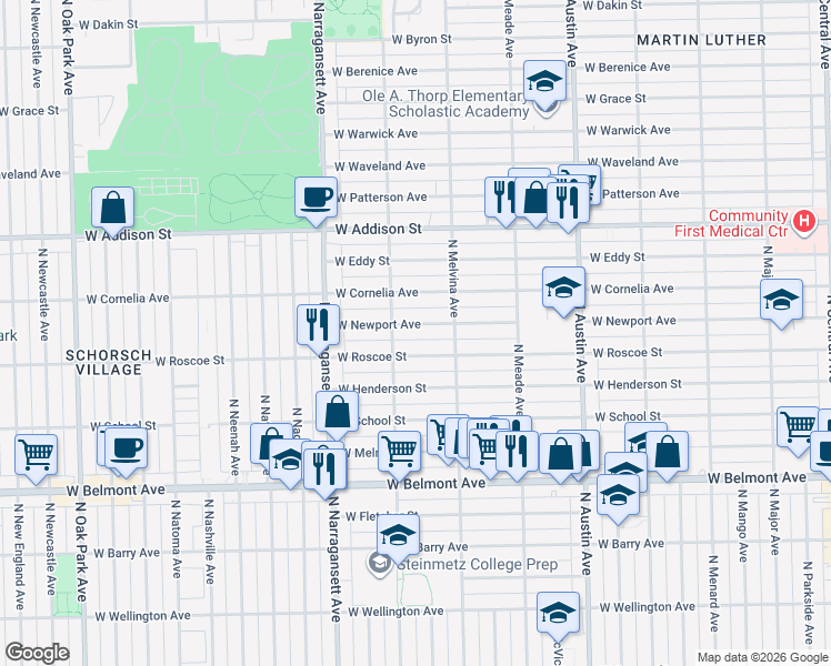 map of restaurants, bars, coffee shops, grocery stores, and more near 6244 West Newport Avenue in Chicago