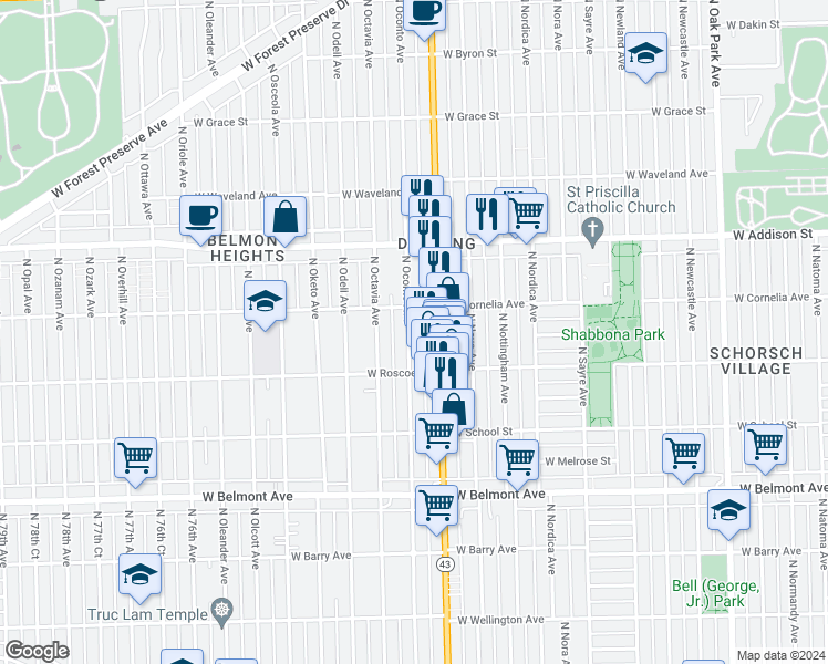 map of restaurants, bars, coffee shops, grocery stores, and more near 3452 North Oconto Avenue in Chicago