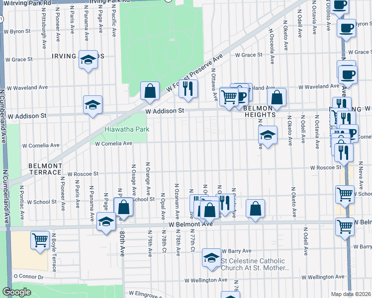 map of restaurants, bars, coffee shops, grocery stores, and more near 3456 North Ozark Avenue in Chicago