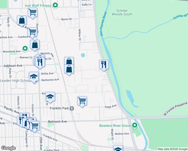 map of restaurants, bars, coffee shops, grocery stores, and more near 9207 Robinson Road in Franklin Park