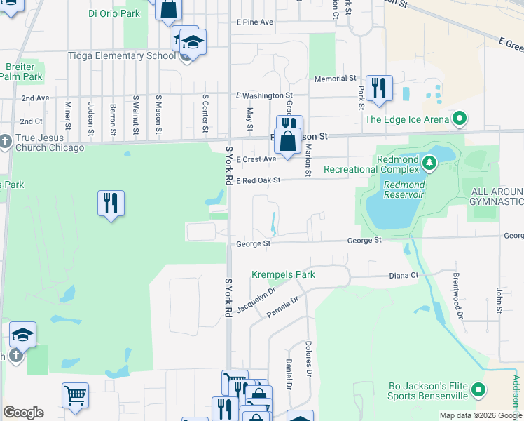 map of restaurants, bars, coffee shops, grocery stores, and more near 110 George Street in Bensenville