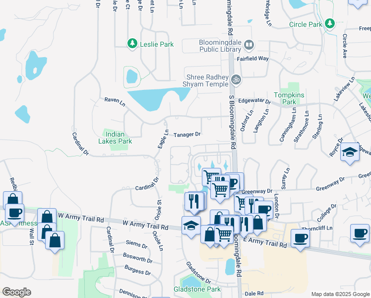 map of restaurants, bars, coffee shops, grocery stores, and more near 2334 Century Point Lane in Glendale Heights