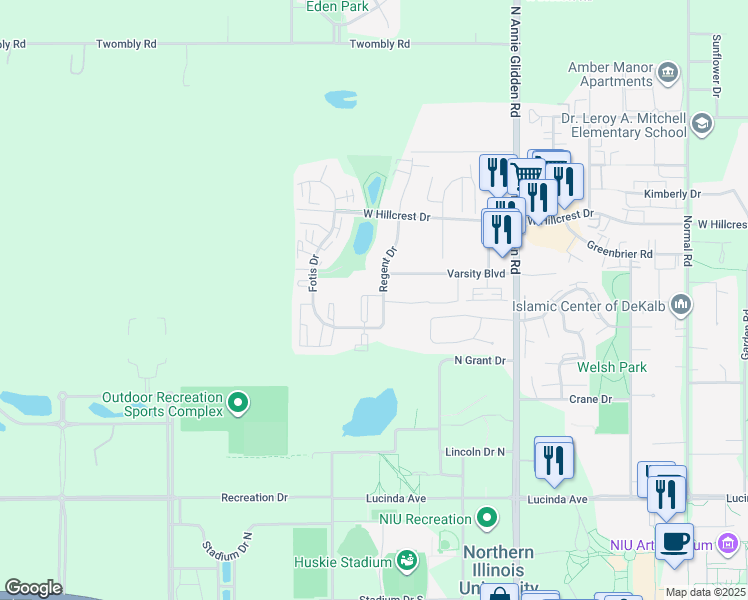 map of restaurants, bars, coffee shops, grocery stores, and more near 785 Regent Drive in DeKalb