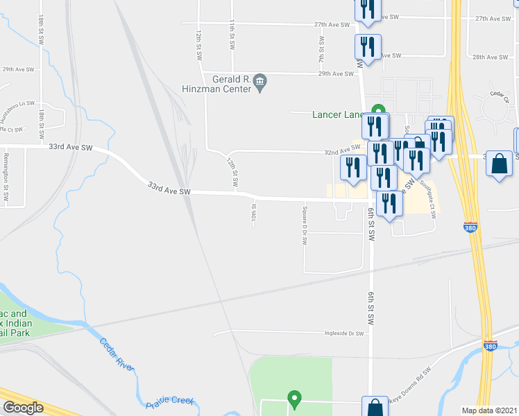 map of restaurants, bars, coffee shops, grocery stores, and more near 931 10th Street in Cedar Rapids
