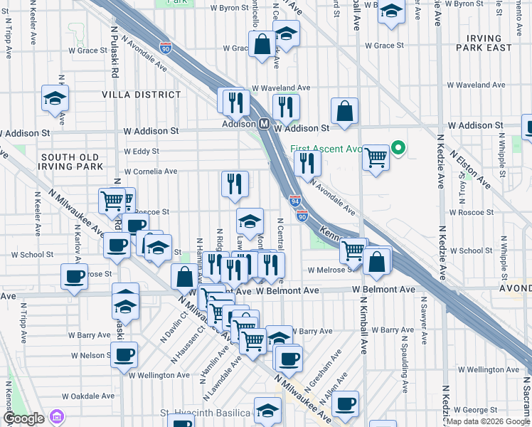 map of restaurants, bars, coffee shops, grocery stores, and more near 3405 North Monticello Avenue in Chicago
