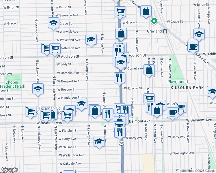 map of restaurants, bars, coffee shops, grocery stores, and more near 4839 West Newport Avenue in Chicago