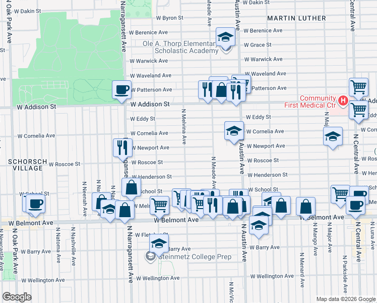 map of restaurants, bars, coffee shops, grocery stores, and more near 6204 West Newport Avenue in Chicago