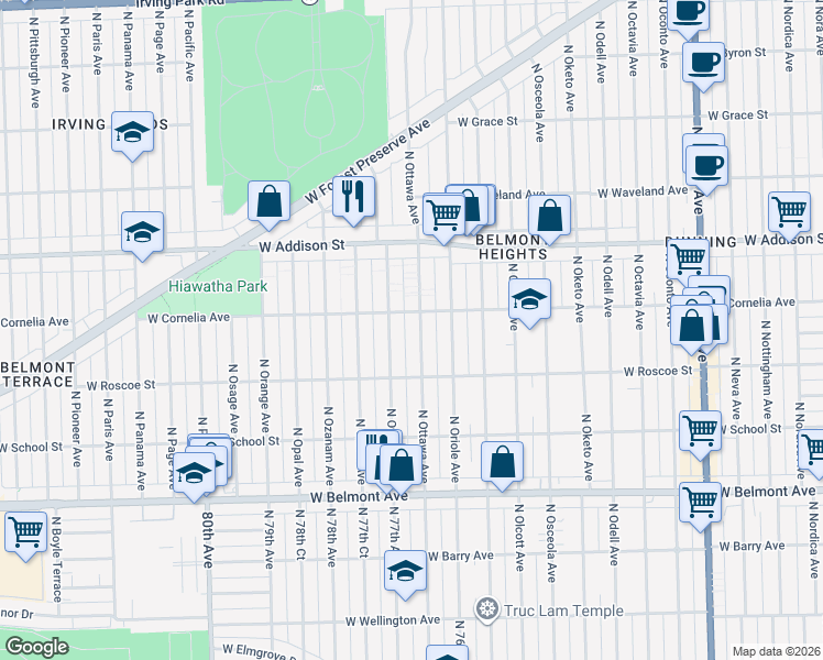 map of restaurants, bars, coffee shops, grocery stores, and more near 3455 North Overhill Avenue in Chicago
