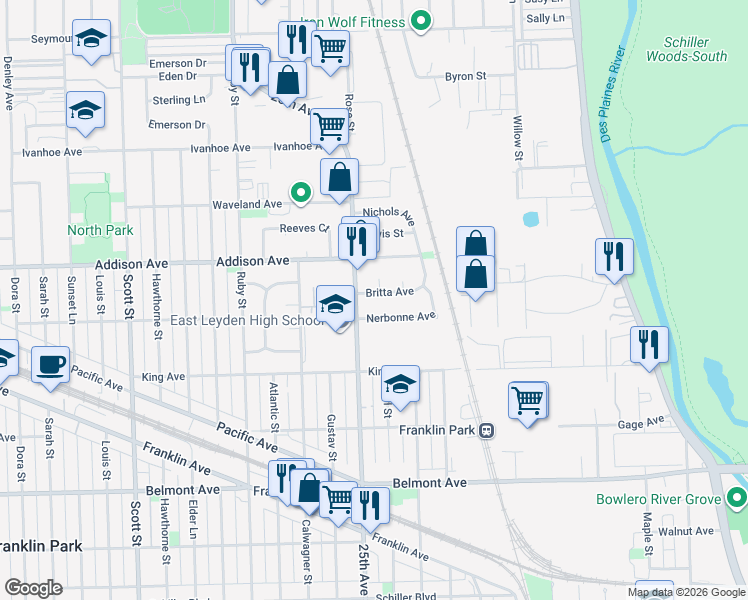 map of restaurants, bars, coffee shops, grocery stores, and more near 3525 Rose Street in Franklin Park
