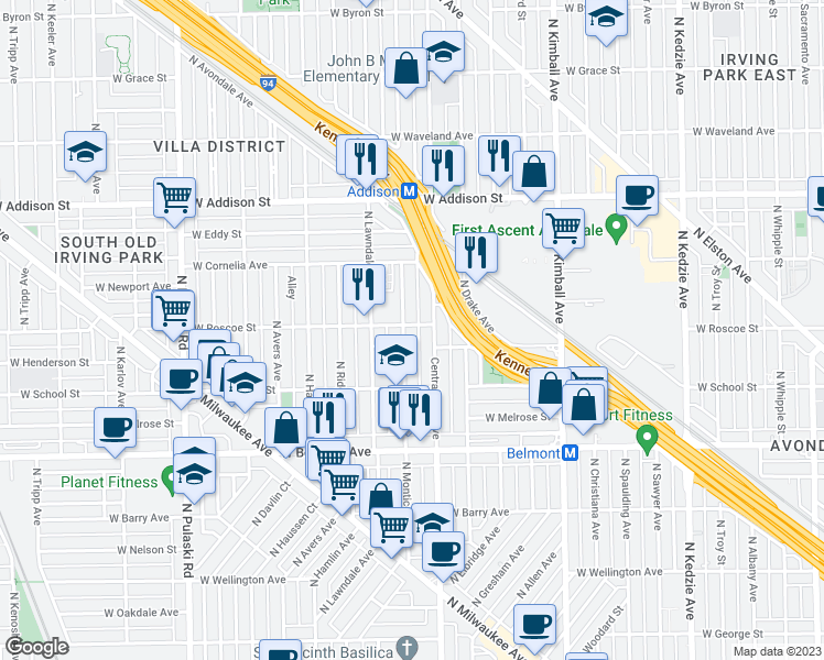 map of restaurants, bars, coffee shops, grocery stores, and more near 3619 West Roscoe Street in Chicago