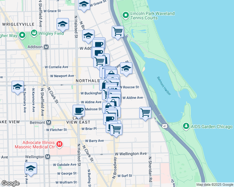 map of restaurants, bars, coffee shops, grocery stores, and more near 556 West Aldine Avenue in Chicago