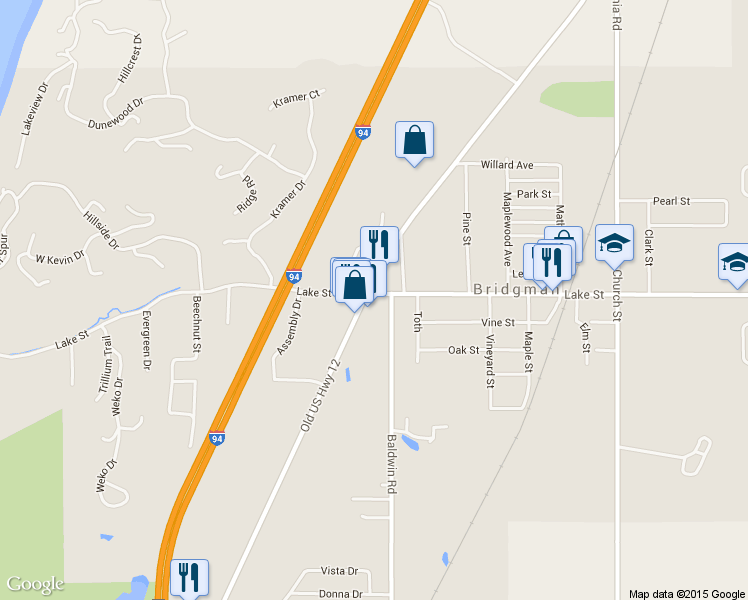 map of restaurants, bars, coffee shops, grocery stores, and more near 9709 Red Arrow Highway in Bridgman