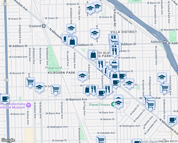 map of restaurants, bars, coffee shops, grocery stores, and more near 3407 North Keeler Avenue in Chicago