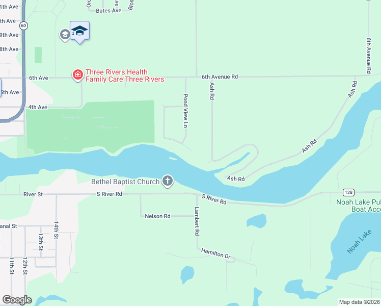 map of restaurants, bars, coffee shops, grocery stores, and more near 17915 Bluff Drive in Three Rivers