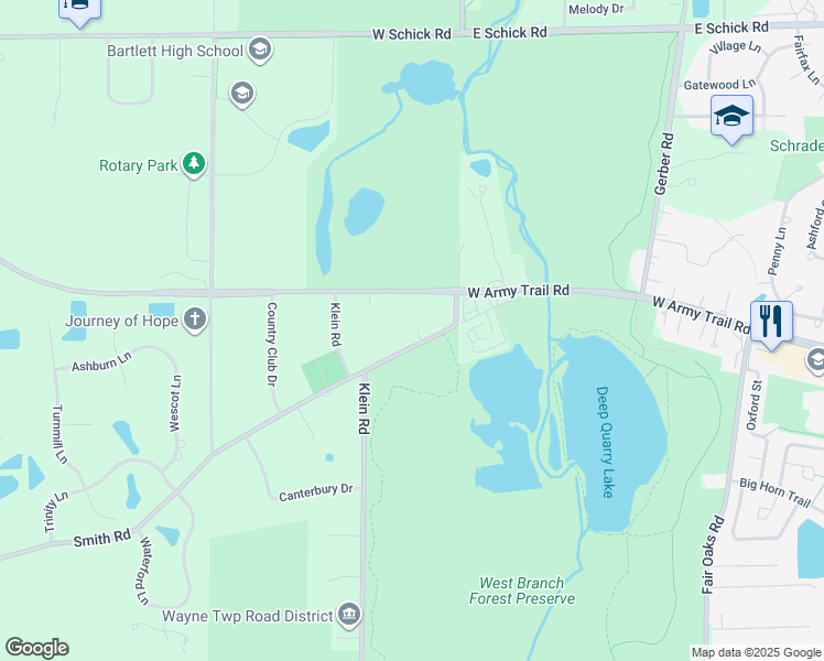 map of restaurants, bars, coffee shops, grocery stores, and more near 29W087 Army Trail Road in West Chicago