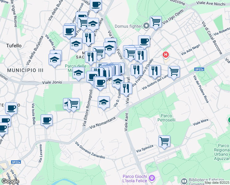 map of restaurants, bars, coffee shops, grocery stores, and more near 29 Via Enrico Panzacchi in Rome