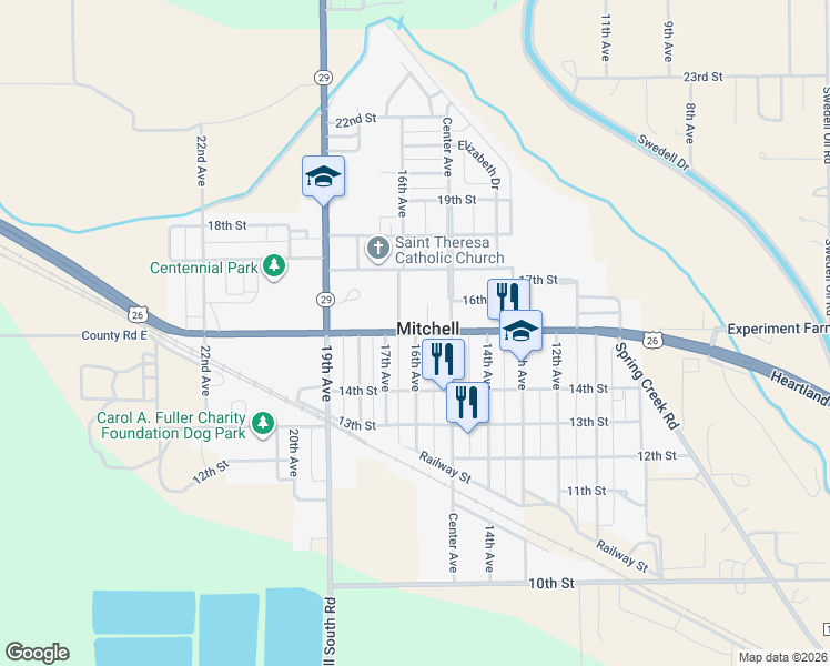 map of restaurants, bars, coffee shops, grocery stores, and more near 1498 16th Avenue in Mitchell