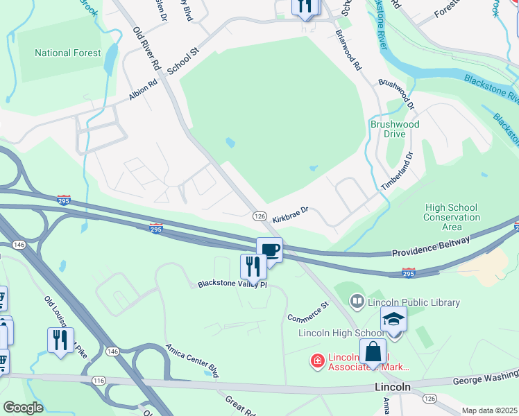 map of restaurants, bars, coffee shops, grocery stores, and more near 179 Old River Rd in Lincoln