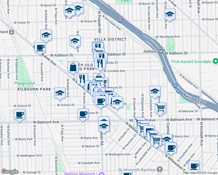 map of restaurants, bars, coffee shops, grocery stores, and more near West Roscoe Street & North Harding Avenue in Chicago