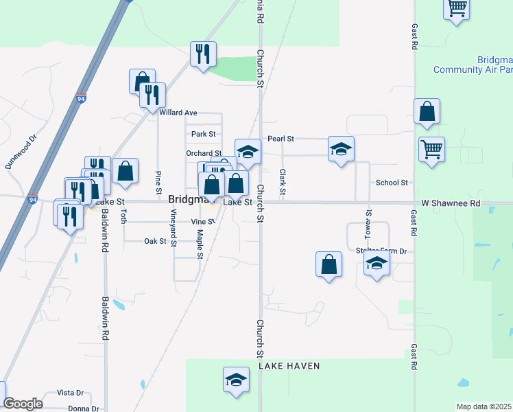 map of restaurants, bars, coffee shops, grocery stores, and more near 4110 Lake Street in Bridgman