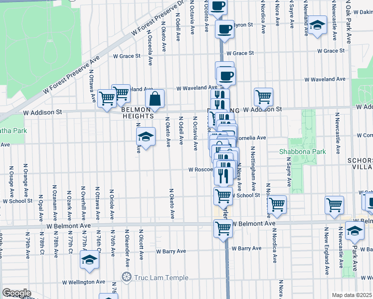 map of restaurants, bars, coffee shops, grocery stores, and more near 3451 North Odell Avenue in Chicago