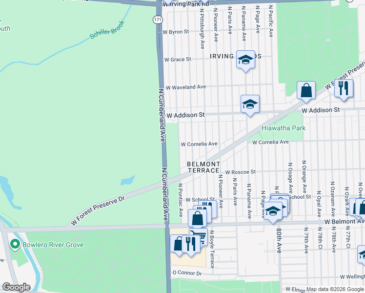 map of restaurants, bars, coffee shops, grocery stores, and more near 8375 West Cornelia Avenue in Chicago