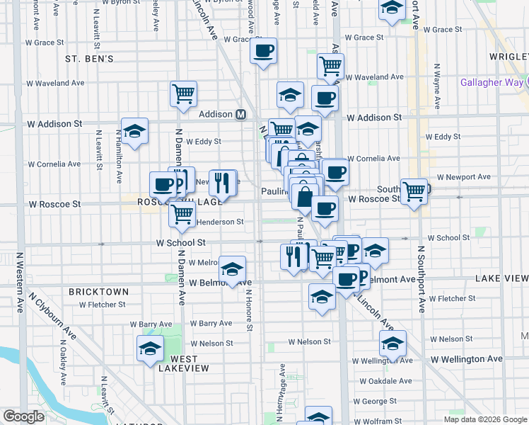 map of restaurants, bars, coffee shops, grocery stores, and more near 3345 North Ravenswood Avenue in Chicago