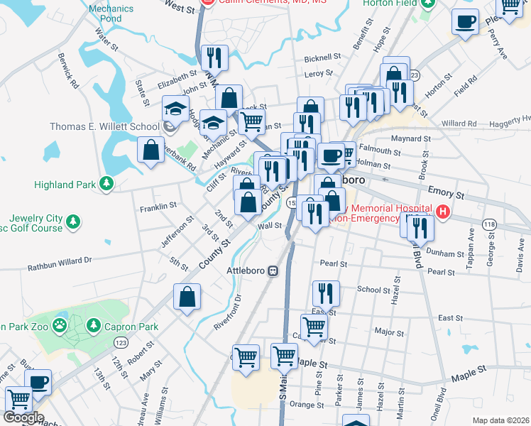 map of restaurants, bars, coffee shops, grocery stores, and more near 50 County Street in Attleboro