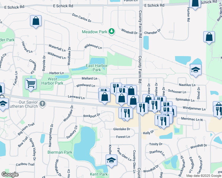 map of restaurants, bars, coffee shops, grocery stores, and more near 3910 Windward Lane in Hanover Park