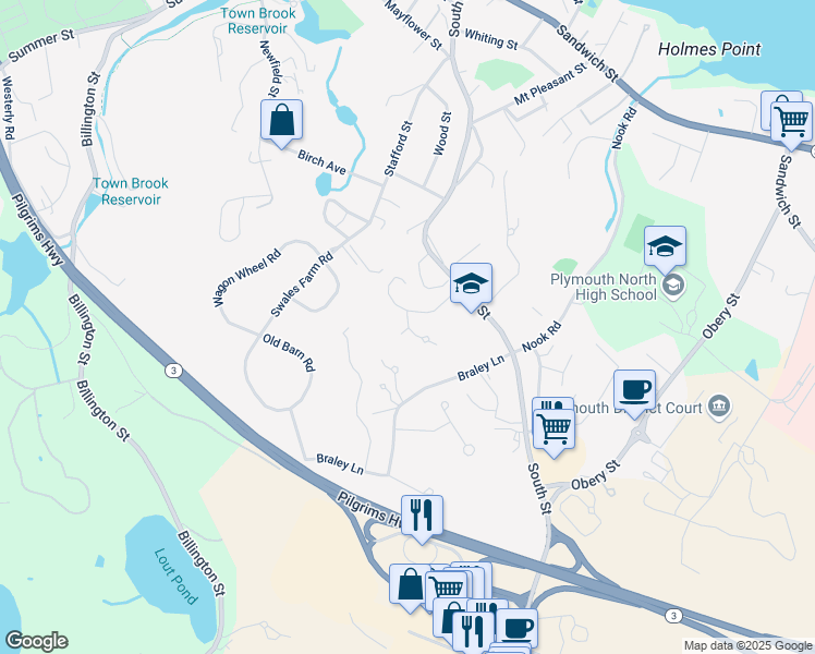 map of restaurants, bars, coffee shops, grocery stores, and more near Colonial Terrace in Plymouth