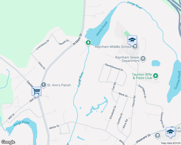 map of restaurants, bars, coffee shops, grocery stores, and more near 265 Ramblewood Drive in Raynham