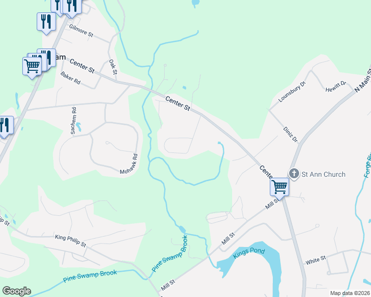map of restaurants, bars, coffee shops, grocery stores, and more near in Raynham