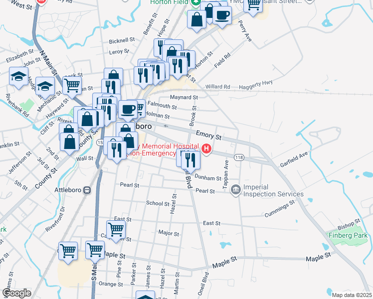 map of restaurants, bars, coffee shops, grocery stores, and more near 167 Park Street in Attleboro