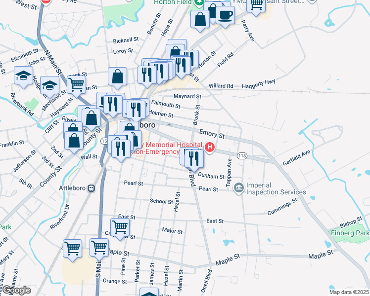 map of restaurants, bars, coffee shops, grocery stores, and more near 167 Park Street in Attleboro