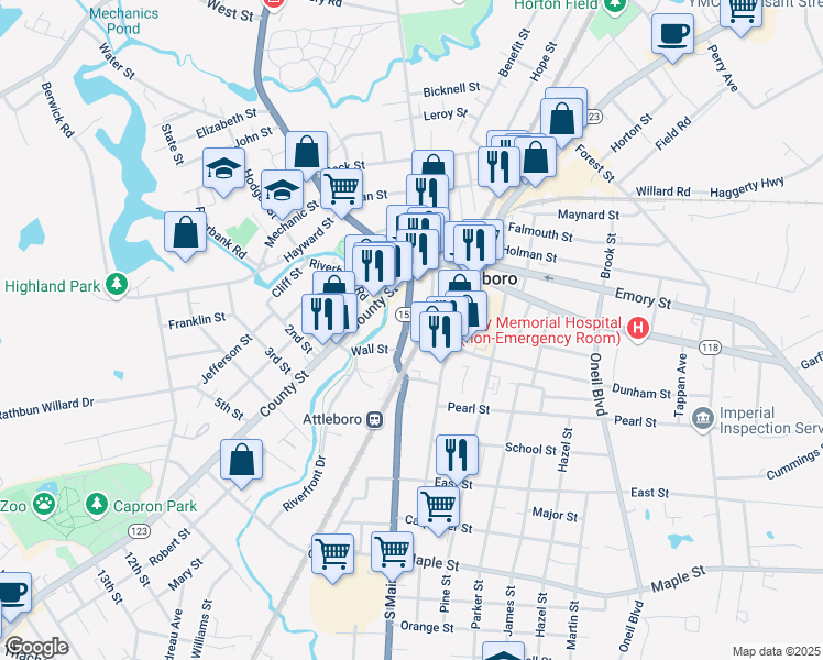 map of restaurants, bars, coffee shops, grocery stores, and more near 45 Massachusetts 152 in Attleboro