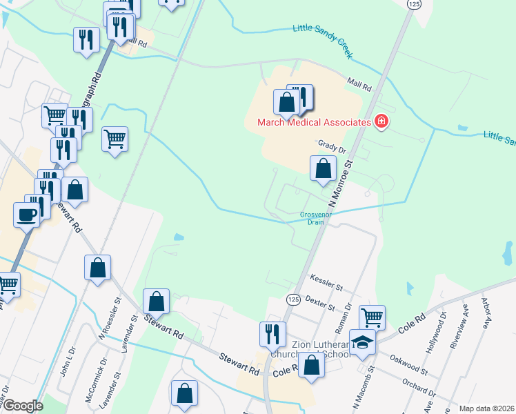map of restaurants, bars, coffee shops, grocery stores, and more near 1835 Winding Meadows Drive in Monroe
