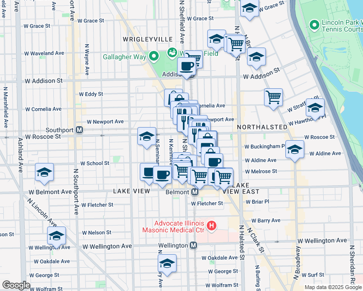 map of restaurants, bars, coffee shops, grocery stores, and more near 3341 North Sheffield Avenue in Chicago